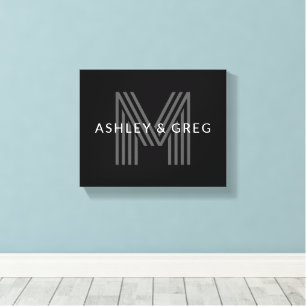 Retro Modern Namn/s Editable Monogram Black & Gråt Canvastryck
