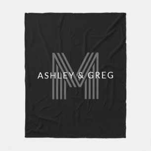 Retro Modern Namn/s Editable Monogram Black & Gråt Fleecefilt