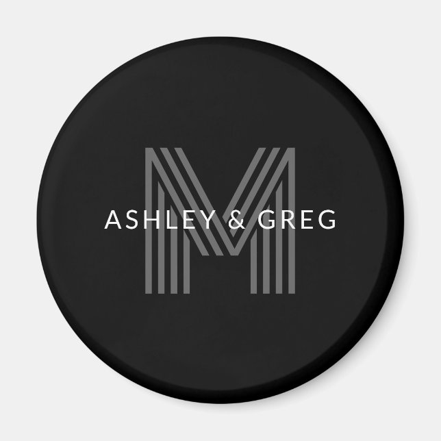 Retro Modern Namn/s Editable Monogram Black & Gråt Magnet (Framsidan)
