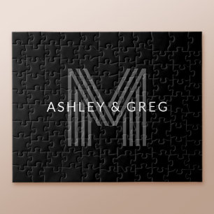 Retro Modern Namn/s Editable Monogram Black & Gråt Pussel