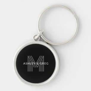 Retro Modern Namn/s Editable Monogram Black & Gråt Rund Silverfärgad Nyckelring