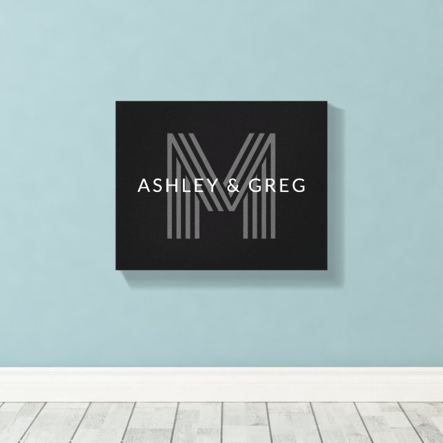 Retro Modern Namn/s Redigerbar Monogram Svart & Gr Canvastryck (Insitu (trägolv))