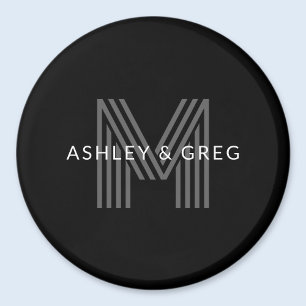 Retro Modern Namn/s Redigerbar Monogram Svart & Gr Magnet