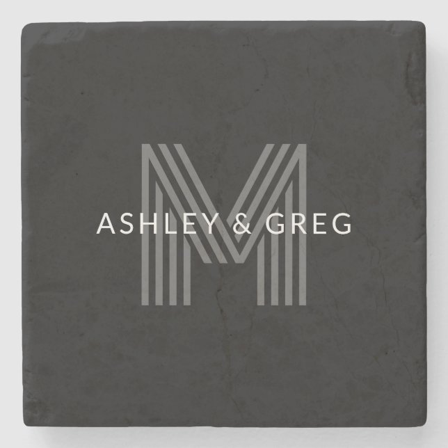 Retro Modern Namn/s Redigerbar Monogram Svart & Gr Stenunderlägg (Framsidan)