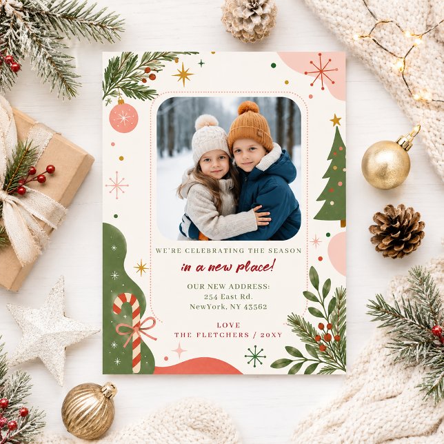 Retro Modern Nytt Hem för Semestern Foto Flytt Julkort (Retro Modern New Home for Holidays Photo Moving Holiday Card)