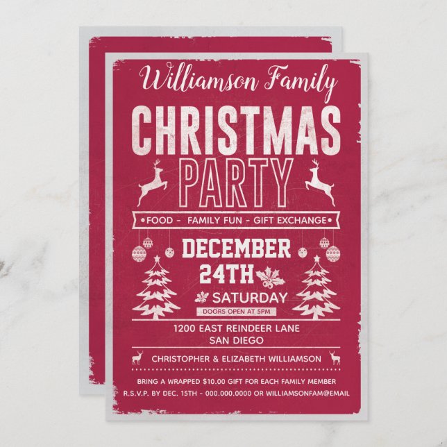 Retro Modern Red Family Jul Party Inbjudningar (Fram/baksida)