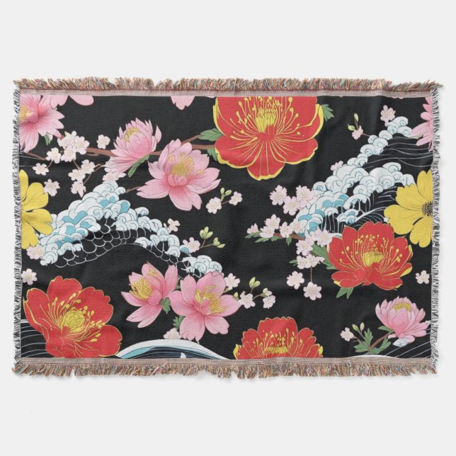 Retro Modern Seigaiha Sakura Blommor Japan fest Filt (Framsidan)