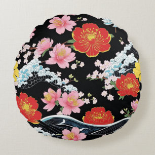 Retro Modern Seigaiha Sakura Blommor Japan fest Rund Kudde