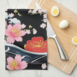 Retro Modern Seigaiha Sakura Flowers Japan party Kökshandduk