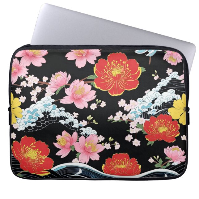 Retro Modern Seigaiha Sakura Flowers Japan party Laptop Fodral (Framsidan)