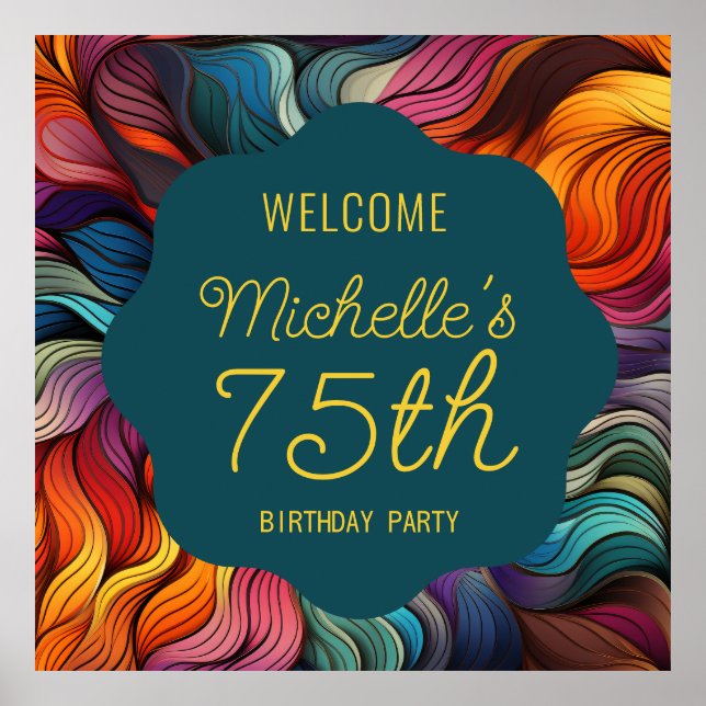 Retro Modern Teal Orange Psychedelic 75th Birthday Poster (Framsidan)