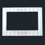 Retro Modern Vintage Blue Bachelorette Helg Magnetisk Fotoram<br><div class="desc">Med blått och vitt rand med korallrött innehåll fångas den perfektens blandning av vintagens kust och lekfull modern. Fullständigt anpassade - uppdatera namn,  datum eller ordalydelse så att de stämmer överens med din strand helg vibe. Samordna med fullt Beach Bliss Bachelorette-samlingen.</div>