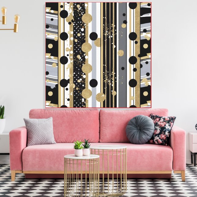 Retro-moderna, svarta, grå och gyllene prickar canvastryck (Insitu (Vardagsrum))