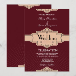 Retro Moderne Burgundy Rusty Art Deco Bröllop Inbjudningar