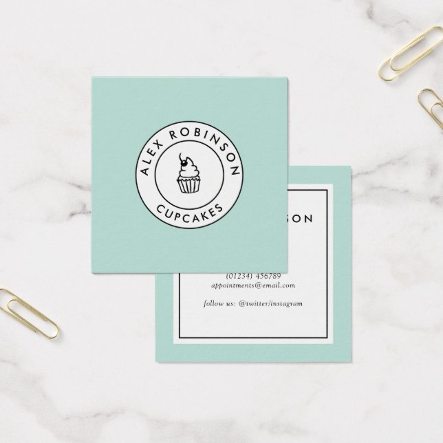 Retro modernt affärskort med blå muffinsar fyrkantigt visitkort (Kontor)