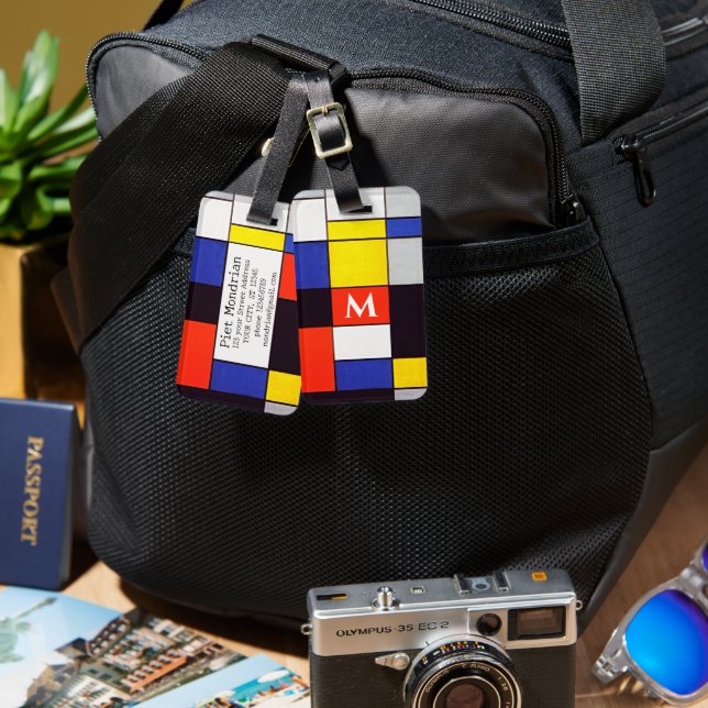 Retro Mondrian Geometrisk Anpassad Monogram Resväs Bagagebricka (Fram & Baksida)