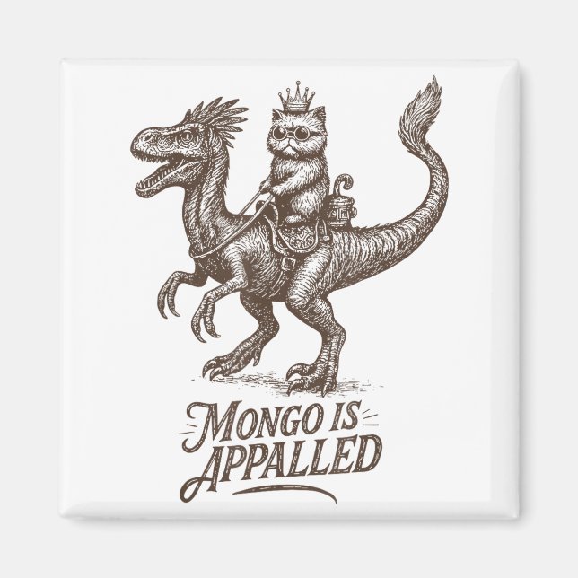 Retro Mongo Is Appalled Princess Cat Riding Dinosa Magnet (Framsidan)