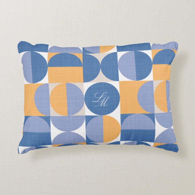 Retro Monogram Blå Gul Mid-Century Cirklar Prydnadskudde (Framsidan)