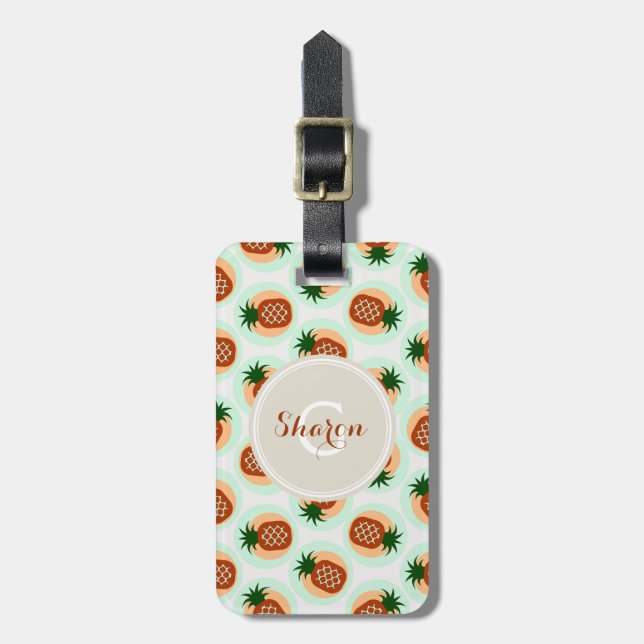 Retro monogram för brunt- och mintananasmönster bagagebricka (Vertikal Framsida)