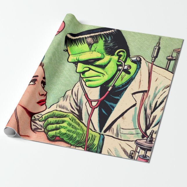 Retro Monster Kärlek Tecknader Presentpapper (Utrullad)