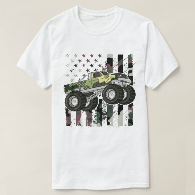 Retro Monster Lastbil Camo American Flagga T Shirt (Design framsida)