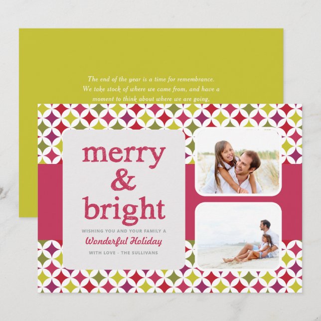 Retro Mönster Merry och Bright Jul Photo Julkort (Fram/baksida)