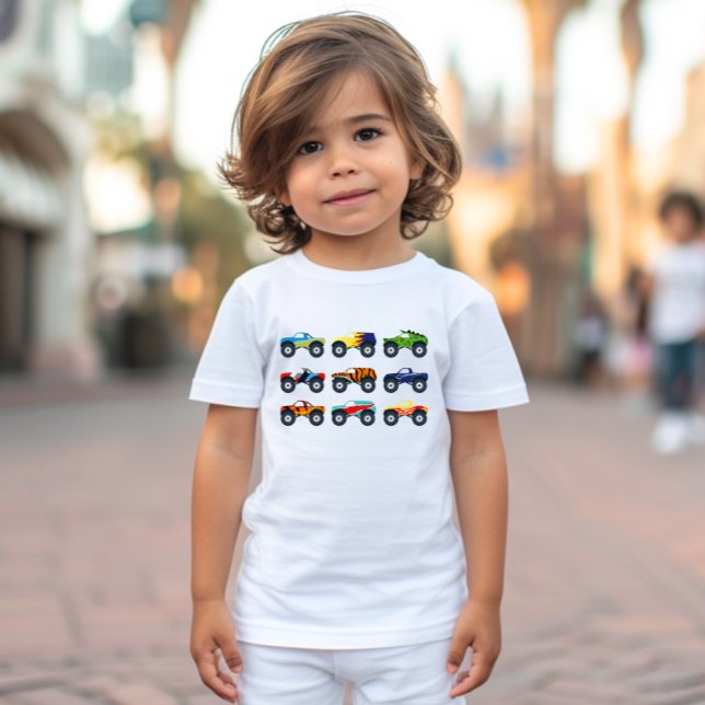 Retro Monster Trucks i rad för småbarns t-shirt (Retro Monster Trucks In A Row Toddler Shirt media manager)