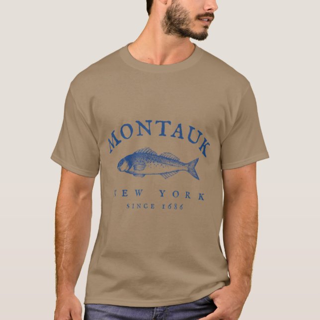 Retro Montauk New York Fishing T Shirt (Framsida)