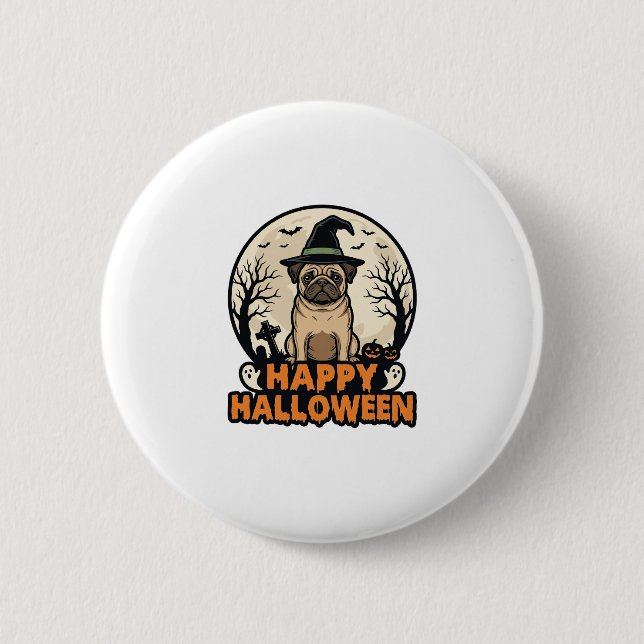Retro Mops Glad Halloween Häxhatt Tröja Design Knapp (Framsida)