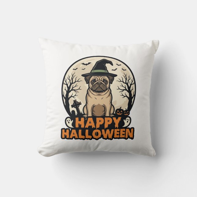 Retro Mops Glad Halloween Häxhatt Tröja Design Kudde (Framsida)