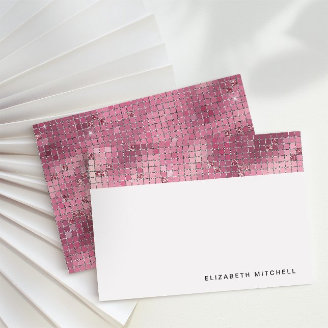Retro Mörk Rosa Disco Boll Spegel | Monogram Anteckningskort (Glam, disco-inspired note cards)