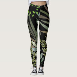 Retro Mörk Sage Blommigt Fern Botaniskt Foliage Leggings