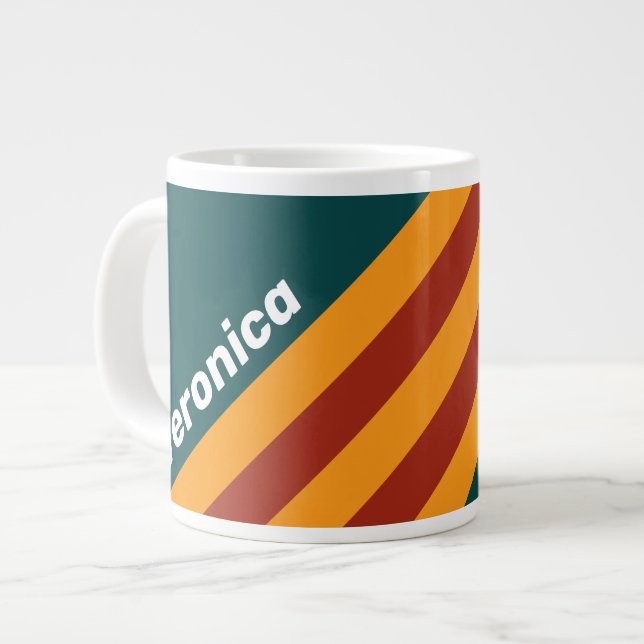 Retro Mörk Turkos Stänkiga Ränder med Namn Jumbo Mugg (Framsida vänster)