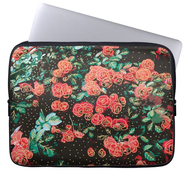 Retro mörkröda rosor prickig blommig mönster laptop fodral (Framsidan)