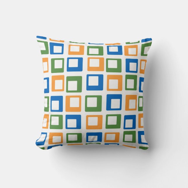 Retro Mosaic Squares | Grönt blå Orange Kudde (Framsida)