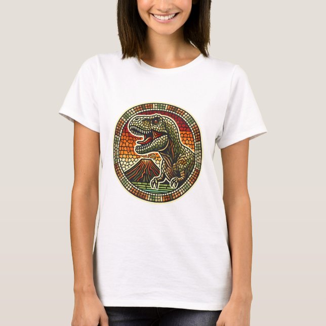 Retro Mosaic T-Rex-Logotyp med Volcano T-Shirt (Framsida)