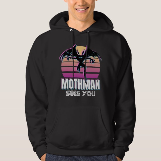 Retro Mothman ser dig som en konstig Cryptid Gift Hoodie (Framsida)