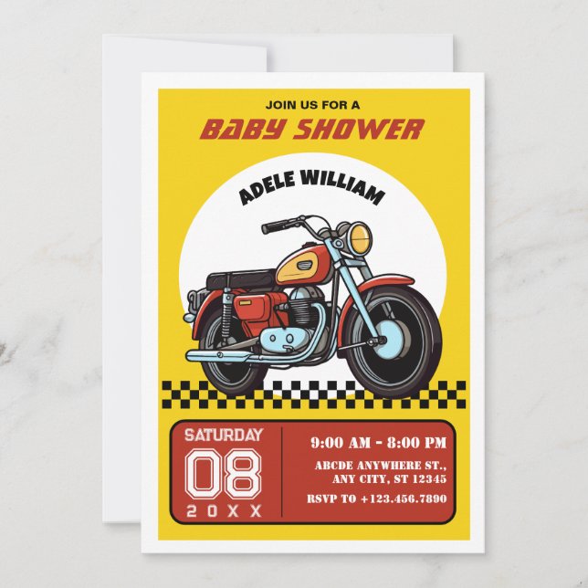 Retro motorcykel baby shower inbjudan (Framsida)