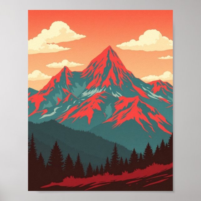 Retro Mountain Landscape Red Blue Poster (Framsidan)