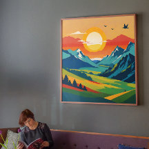 Retro Mountain Ligcape Nature Illustration