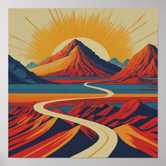 Retro Mountain liggande Illustration Modern Red Poster (Framsidan)
