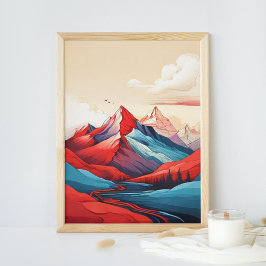 Retro Mountain liggande Illustration Red Blue Art Poster