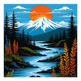 Retro Mountain liggande Illustration Red Blue Fototryck