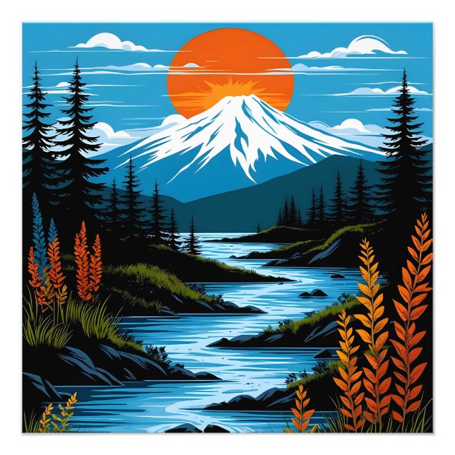 Retro Mountain liggande Illustration Red Blue Fototryck (Framsidan)