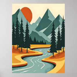 Retro Mountain liggande Illustration Red Blue Poster