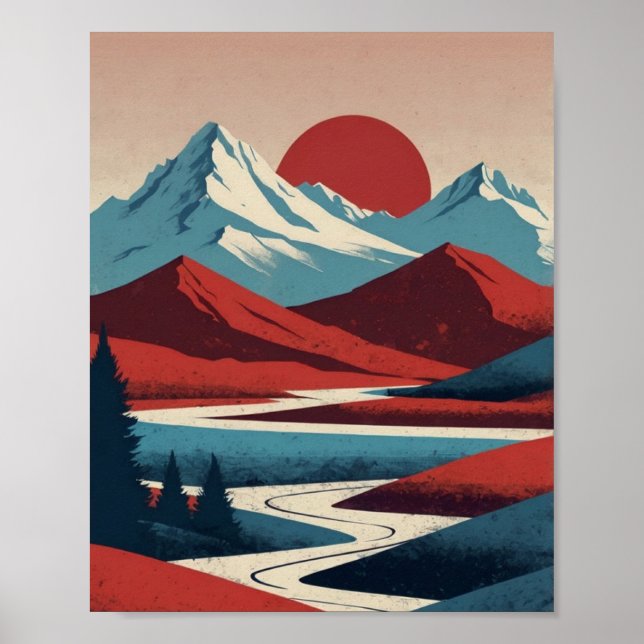 Retro Mountain liggande Illustration Red Blue Poster (Framsidan)