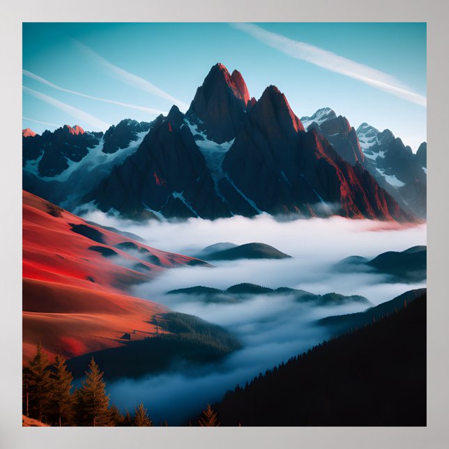 Retro Mountain liggande Illustration Red Blue Poster (Framsidan)