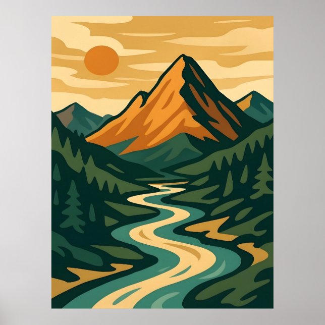 Retro Mountain liggande Illustration Red Blue Poster (Framsidan)