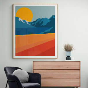 Retro Mountain liggande Illustration Red Blue Poster