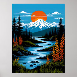 Retro Mountain liggande Illustration Red Blue Poster